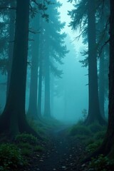 Dense fog shrouds a mystical ancient forest in the woods, eerie, dense