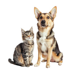 Obraz premium A dog and a cat sitting together, showcasing their friendship in a bright studio setting with a neutral background