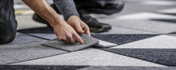 A flooring professional carefully aligns carpet tiles on an office floor, reflecting precision.