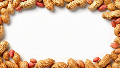 Top view of a peanut frame with shelled and unshelled peanuts forming a border on a white background.  
