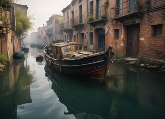 Fototapeta premium Old fishing boat half submerged in murky canal waters, eerie atmosphere, abandoned vessel, growth of plants