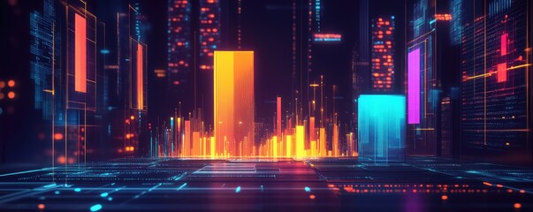 Vibrant Digital Cityscape with Flowing Data Streams.