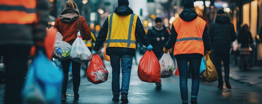Workers cleaning a street in high visibility safety vests.
