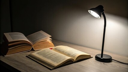Two open soft cover books with a minimalist desk background and a single spotlight on one of the books, books, bookmark, book collection