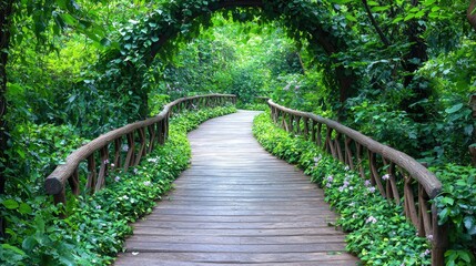 Obraz premium Winding Wooden Path Through Lush Green Park