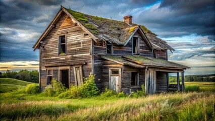 Obraz premium A weathered farmhouse stands alone in a field, its roof overgrown with moss and grass, under a dramatic sky