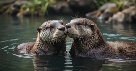Obraz premium Otters grooming each other's fur in the water, peaceful otters, , otter cleaning