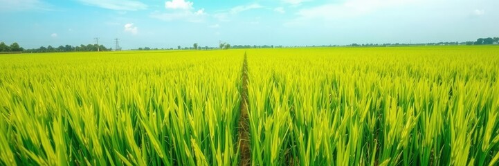 Fototapeta premium Vibrant green rice field stretching towards the horizon with blue sky above, landscape, fresh