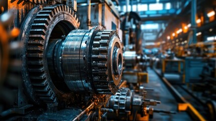 Fototapeta premium Industrial Gear System: Close-up of Complex Machinery in a Factory