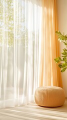 Natural light filtering through sheer curtains in a cozy living room setting warm and inviting atmosphere
