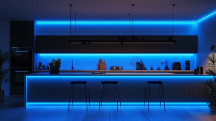 Elegant Contemporary Kitchen Featuring a Stylish Bar Area Illuminated by Soft Blue Lighting Creating a Warm and Inviting Atmosphere Ideal for Entertaining and Culinary Experiences