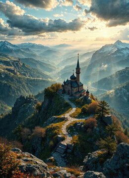View from the top of Ciezka Turnia Tazka veza , clouds, mountain range