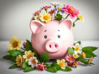 Vintage pink piggy bank with a sweet face on its lid surrounded by colorful flowers and green leaves, money saving, vintage decor