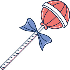 Hand-Drawn Lollipop with Ribbon and Striped Stick Vector Art