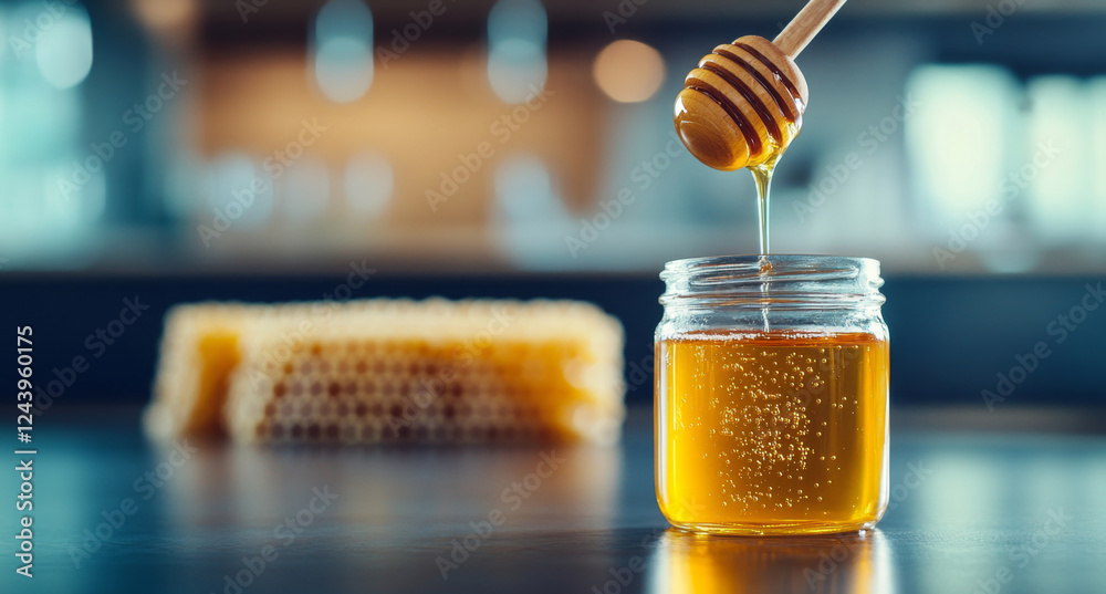 Poster a wooden dipper pulls golden organic honey from a jar, showcasing its thick, smooth texture. behind 