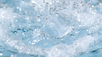 Water droplet splash, close-up, light blue, background blur