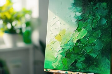 Abstract green oil painting on canvas with impasto texture, showcasing vibrant shades and sunlight.