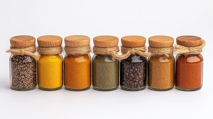 Assorted Spice Jars in a Row with Wooden Lids and Twine on a Bright Background for Culinary Use