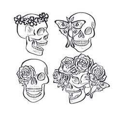 Hand drawn black outline floral human skulls with rose wreath bundle isolated on white background. Monochrome skeleton heads with flowers design set