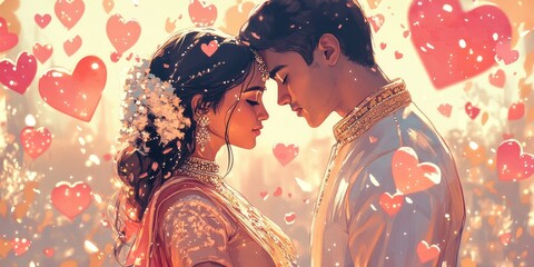 Fototapeta premium A traditional Indian couple standing face to face in elegant wedding attire surrounded by romantic heart decorations.