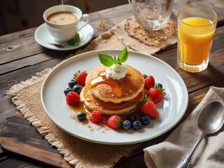 professional advertisement food photography: A plate of pancakes topped with berries and whipped cream.