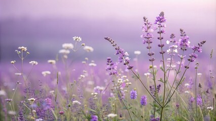 Naklejka premium Violet Floral Background with Delicate Wildflowers, colorful background, bohemian style, floral design, violet flowers, wildflower field