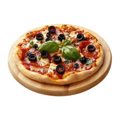Freshly Baked Pepperoni Pizza Topped with Olives and Basil Leaves