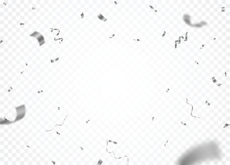 Falling shiny silver confetti and ribbons celebration party design element