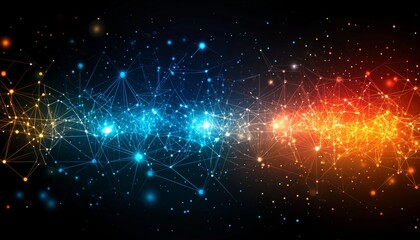 Obraz premium Abstract Symmetrical Network of Glowing Lines, Cyan and Orange on Dark Background, Technical Design
