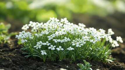 Close-up of delicate white flowers blooming in a garden bed.