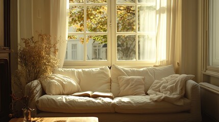 Fototapeta premium Elegant Living Room Featuring a Cozy White Couch Adorned with Plush Pillows and a Charming Vase Filled with Fresh Flowers Creating a Warm and Inviting Atmosphere for Relaxation
