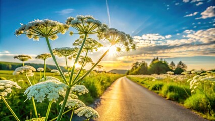 Obraz premium Summer Sunset Roadside Bloom Scene Featuring White Flower and Golden Hour Light