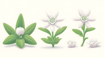 White Flower Illustrations with Leaves and Buds on Light Background