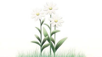Delicate White Flowers with Green Leaves on Plain Background