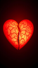 High-resolution stock photo of a graceful, elegant broken heart with refined features, illuminated with creative warm terracotta and cool teal light art