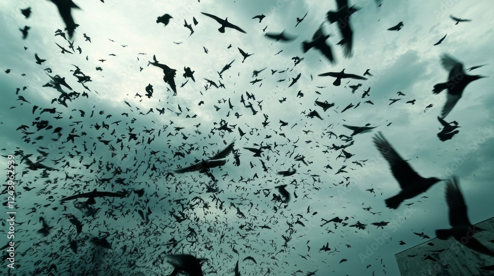Poster countless birds take to the air in a dramatic formation, creating a dark cloud against a muted sky. 