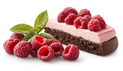 Close up of a delicious dessert, featuring layers of chocolate cake and pink mousse, topped with fresh raspberries and mint leaves