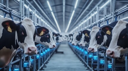 Modern Dairy Farm with Milking Machines and Holstein Cows