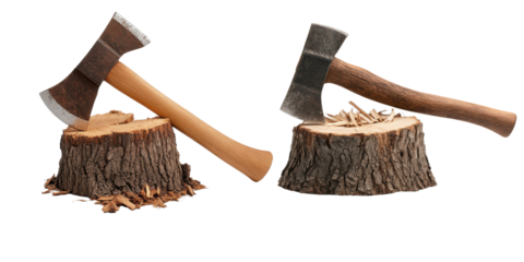 Axes or hatchets on tree stumps with wood shavings and logs