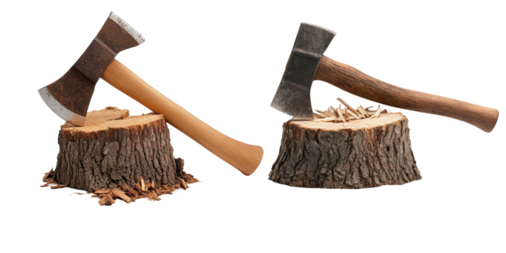 Axes or hatchets on tree stumps with wood shavings and logs
