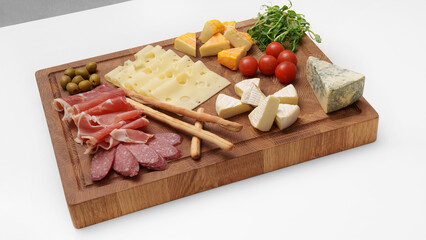 Cheese wooden board on white table. Different types of cheese, chili, jamon, sausage, olive, tomato, microgreens, knife, breadsticks. Snack. Pieces of cheese.