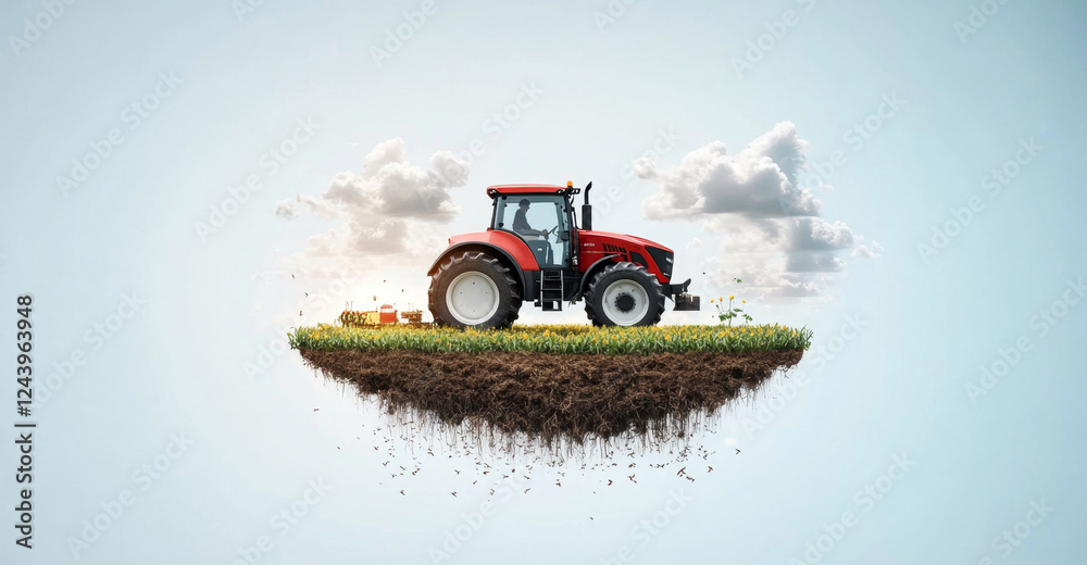 Poster a smart tractor works efficiently on a lush farm field, showcasing modern agricultural technology. b