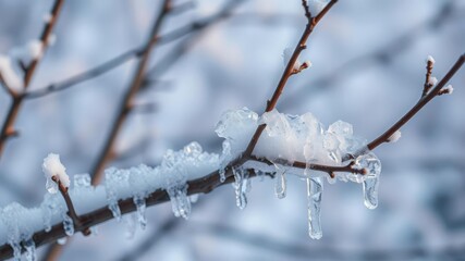 Obraz premium Ice Cream Crystals Growing on a Winter Tree Branch, icy sheen, wintery tree, cold weather effects
