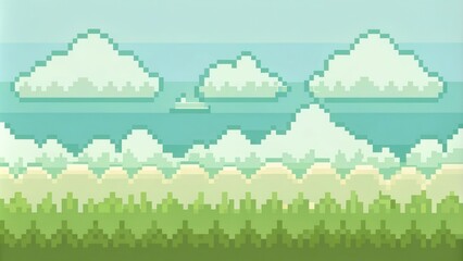 Pixelated Seascape  Tranquil Ocean View with Fluffy Clouds and Lush Green Grass