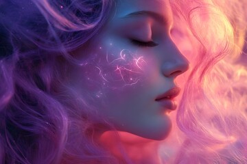 Fototapeta premium Abstract portrait of a serene woman with flowing hair that transforms into swirling patterns representing thoughts and emotions