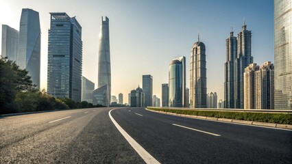Naklejka premium Wide asphalt road stretching through a modern cityscape with sleek skyscrapers and glass towers in the background, urban architecture, modern city, concrete highway