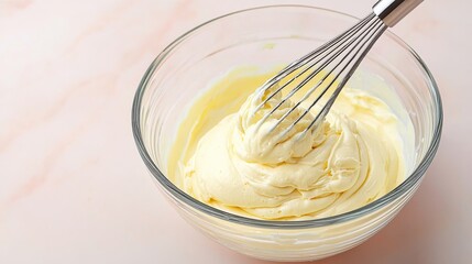 Whipped Cream Preparation in a Clear Glass Bowl with Silver Whisk on a Soft Pastel Background
