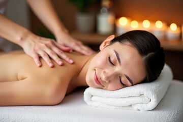 Obraz premium Relaxing Spa Experience: A Young Asian Woman Enjoys a Rejuvenating Massage in a Cozy Wellness Environment Surrounded by Candles and Soft Lighting