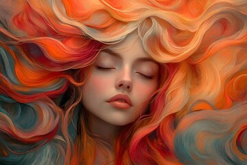 Obraz premium Abstract portrait of a serene woman with flowing hair that transforms into swirling patterns representing thoughts and emotions