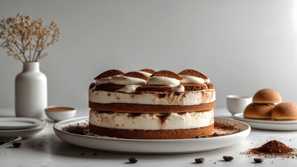 Tiramisu cake with whipped cream and chocolate powder on a plate. Perfect for bakery menus, dessert recipes, food blogs, and social media posts